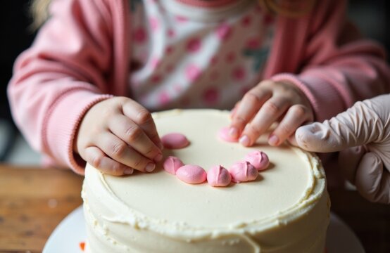Woman decorating a cake with pink fondant hearts during a celebration - Powered by Adobe