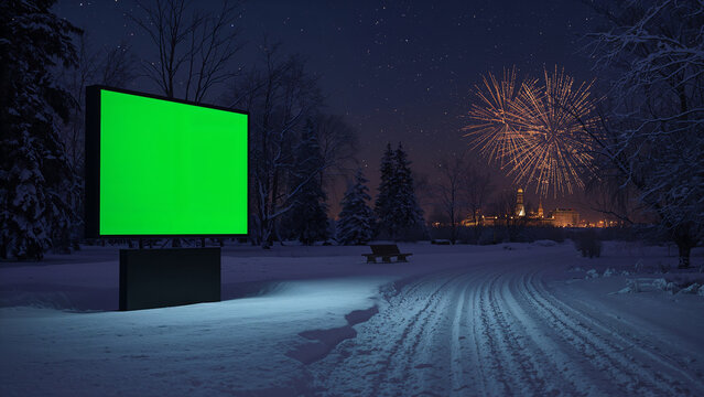 A vibrant green screen billboard stands in a serene, snowy park at night, illuminated by distant city lights and festive fireworks under a starry winter sky.