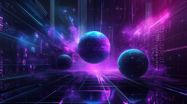 Digital spheres floating in a glowing cyberpunk cityscape