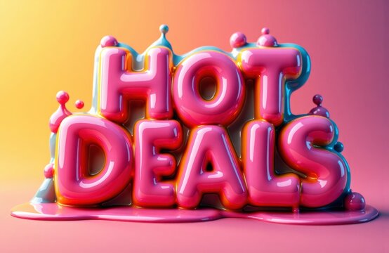 Hot deals text in bold, colorful 3D style with glossy finish on vibrant pink background