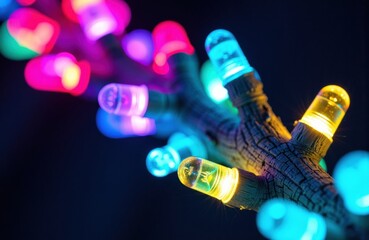 Colorful LED string lights wrapped around a hand creating a vibrant glow