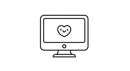 Minimalist line drawing of computer monitor displaying heart shaped smiley face vector