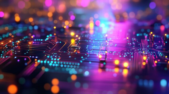 Electronic circuit board demonstrating data flow and digital connectivity