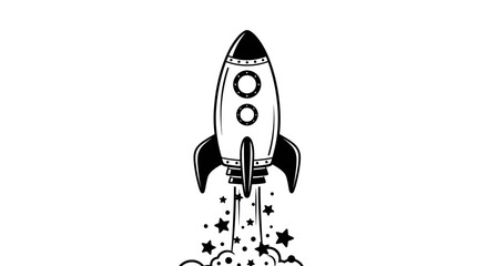 Monochrome rocket blasting off into space, evoking adventure and innovation