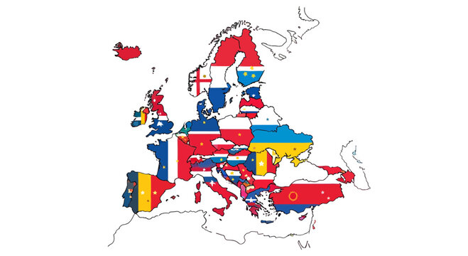 National identity: Europe outlined with national flag designs reflecting unity and diversity