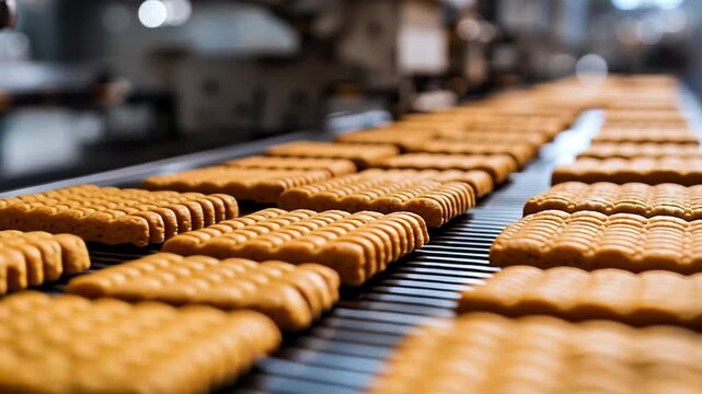 Freshly baked biscuits moving along a conveyor belt in a food production facility