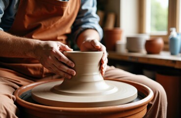 Woman shaping clay on pottery wheel in a ceramics studio