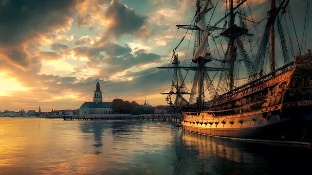 A vivid portrayal of a sailing ship docked in a harbor during sunset. The ships masts and rigging are intricately detailed, and the hull is adorned with ornate designs.