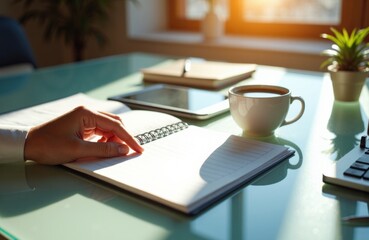 A person writes in a notebook on a desk with a coffee mug and potted plant in a bright, cozy workspace