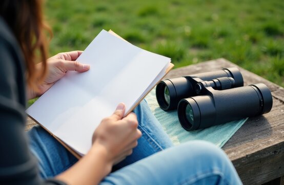 Woman reading a notebook outdoors with binoculars on a wooden surface - Powered by Adobe