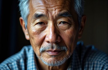 Close-up of an elderly Asian man with gray hair and a thoughtful expression