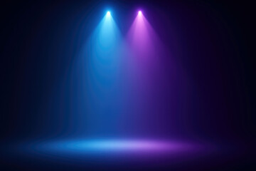Two colored spotlights illuminating a dark stage with light beams lighting