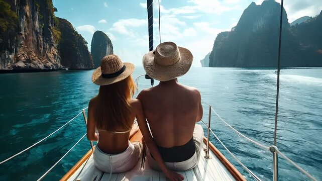 Aerial view of two individuals on a sailboat in a serene body of water with cliffs in the background. The sky is clear with a few clouds, and the water is calm.