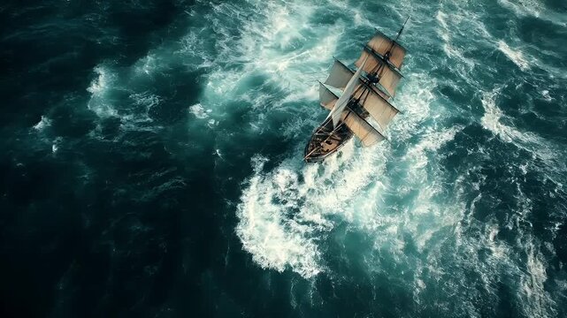 Aerial view of sailing ship navigating turbulent ocean waves.