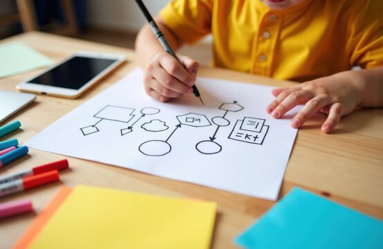 Woman drawing a flowchart on paper with colored notebooks and digital tablet nearby