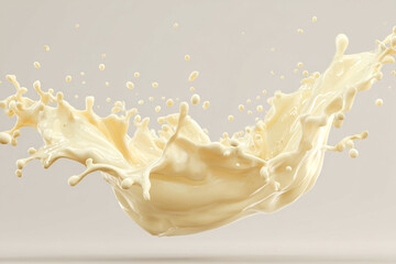 Dynamic creamy liquid splash with many flying droplets on a smooth light background