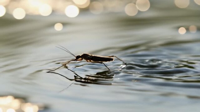 Macro serene water strider glides on reflective pond surface