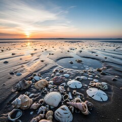 A serene beach scene at sunset featuring a variety of seashells scattered across the wet sand with calm ocean waves in the background and a colorful sky overhead