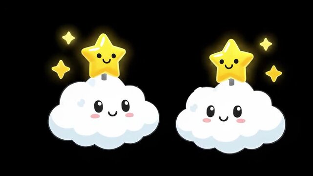Two cute clouds with stars on top isolated on black background