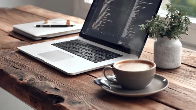 Laptop open with coding on the screen, paper cup of coffee placed beside it, modern desk setup conveying tech workspace energy and productivity