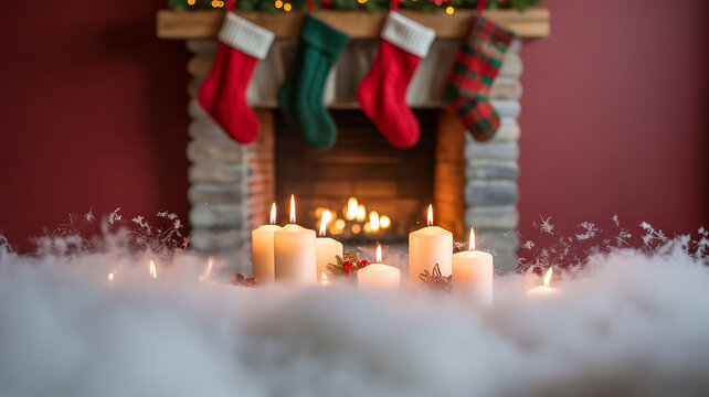 Christmas candles glowing in snow near a fireplace with stockings hanging above