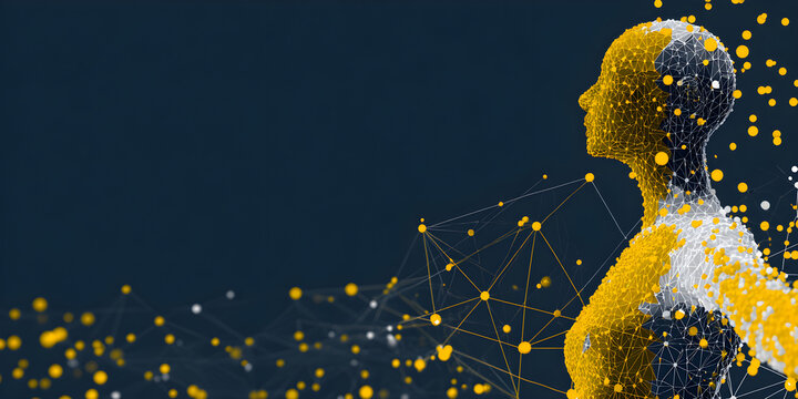 Revolutionary digital human headshot with network connections, ideal for technology, innovation, and futuristic designs, symbolizing connectivity and progress