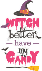 A Halloween-themed graphic featuring a witch's hat, dripping text, and the phrase 
