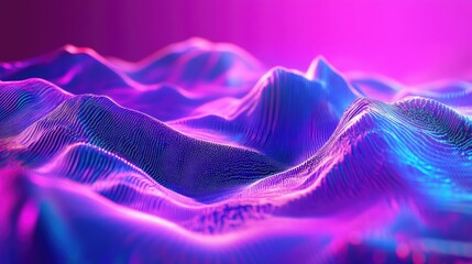 Abstract digital landscape with glowing purple blue waves displaying data technology