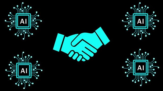 AI, Business, finance and black background. Business handshake, businessman shaking hand double exposure with office buildings and smart city, successful deal of global business