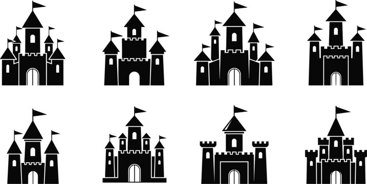 Set of fantasy castle silhouette icons, medieval fortress architecture vector elements, black flat graphic design collection, magical fairy tale kingdom illustration, CAD drawing for creative decor