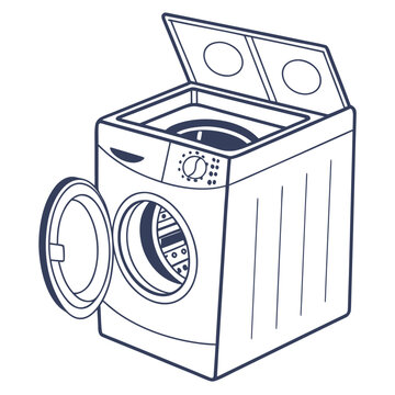 Open washing machine with top and front doors ajar