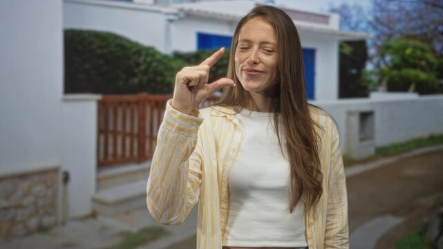 Woman pinches thumb and forefinger near face to show small size on street in front of building; playful tease.