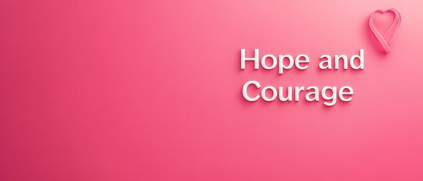 Inspirational hope and courage quote displayed on soft pink background with ribbon heart symbol in breast cancer awareness theme