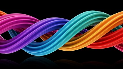 Bright, sculptural, multi-colored twisted ropes—magenta, purple, blue, cyan, yellow, orange, red—floating above a reflective black surface in a stunning 3D abstract render.