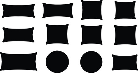 Set of minimal pillow and cushion shape silhouettes, black vector icons, home decor design, interior furnishing illustration, CAD drawing for digital use