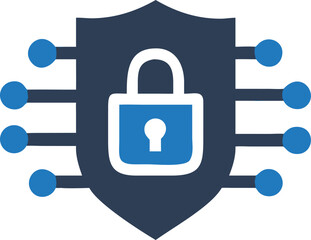 Padlock is centered on dark blue shield that is surrounded by eight nodes