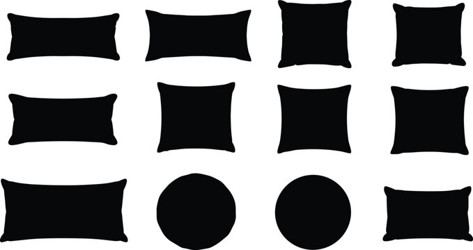 Set of minimal pillow and cushion shape silhouettes, black vector icons, home decor design, interior furnishing illustration, CAD drawing for digital use