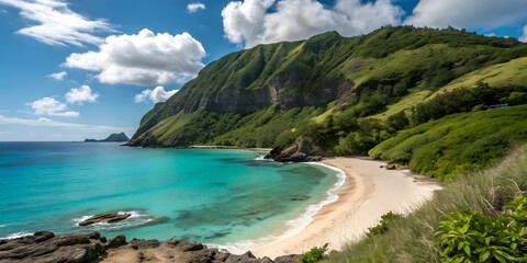 Lush green mountain meets turquoise ocean on a secluded beach