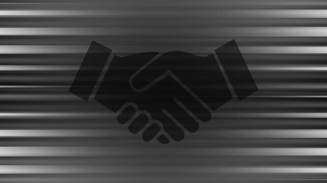 Business, finance and black and white background. Business handshake, businessman shaking hand double exposure with office buildings and smart city, successful deal of global business