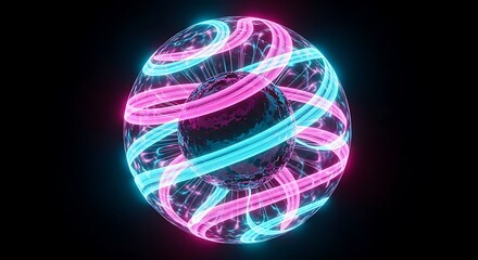 A mesmerizing sphere of interwoven neon lights, radiating a vibrant glow against the dark abyss, creating a captivating spectacle of light and color