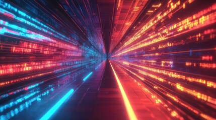 Digital data flowing through abstract futuristic network tunnel