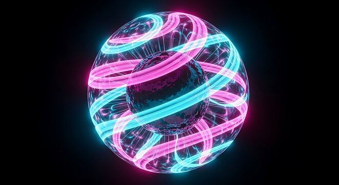 A mesmerizing sphere of interwoven neon lights, radiating a vibrant glow against the dark abyss, creating a captivating spectacle of light and color