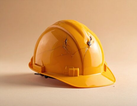 Damaged yellow hard hat with visible cracks showing workplace safety hazard and need for protective equipment replacement