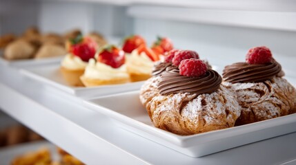 Crisp morning air fills the cozy bakery as fresh pastries are displayed on white platters. Chocolate croissants topped with raspberries mingle with sweet fruit tarts, inviting indulgence