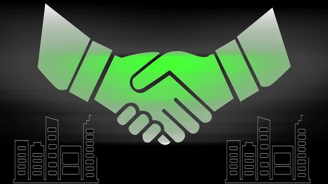 Business, finance and Black background. Business handshake, businessman shaking hand double exposure with office buildings and smart city, successful deal of global business