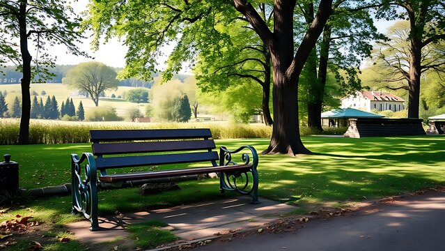 A serene park bench sits empty amidst lush greenery under natural daylight.