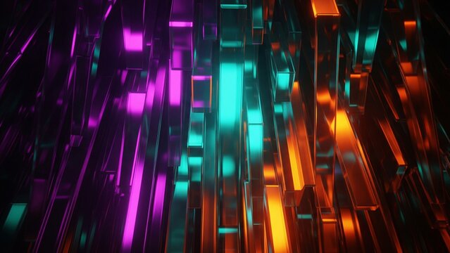 A dynamic, vertical abstract composed of glossy, metallic rectangular bars glowing with neon light in magenta, cyan, and orange, suggesting a futuristic city or circuit.