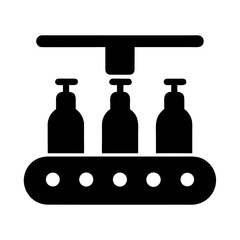 Automated bottling line with three bottles on conveyor belt