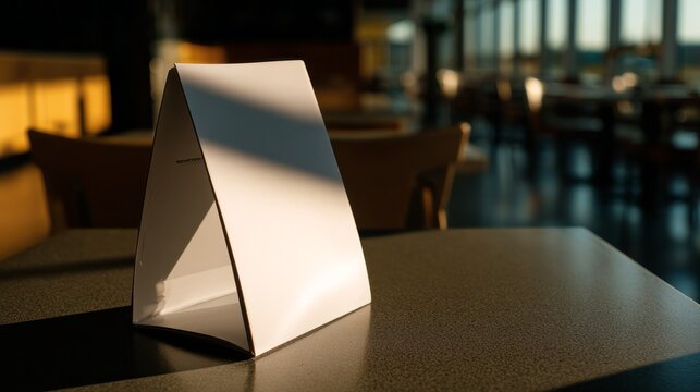 A blank menu stand sits on a polished restaurant table, illuminated by warm sunlight. The cozy atmosphere suggests a relaxed dining experience as diners enjoy their meals - Powered by Adobe