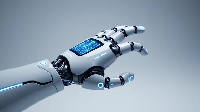 Advanced prosthetic arm with shiny white and luminous surface